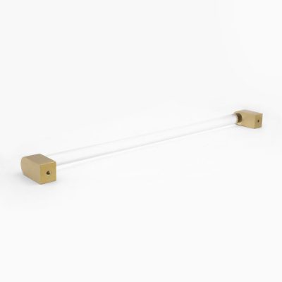 Hapny Clarity 12" center to center Appliance Pull in Smoke Acrylic and Satin Brass finish laying down at an angle